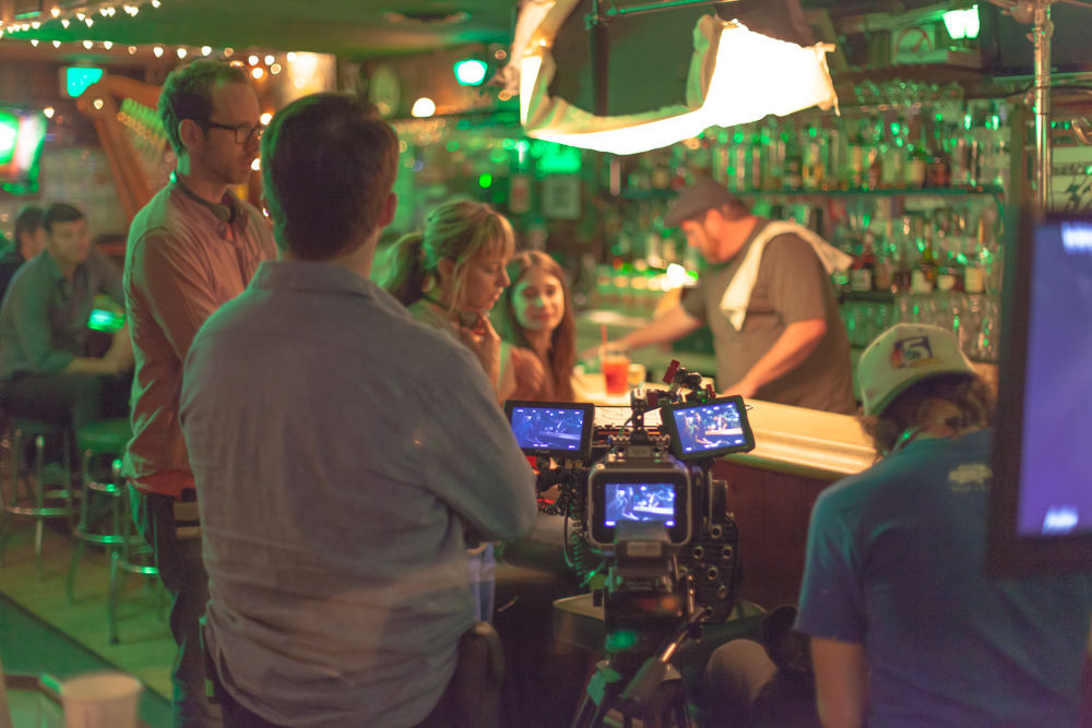 Garrett O'Brien (DP), Brandon Walter & Kasi Brown set up for a shot with actors Shaina Vorspan and Will Mulligan.
